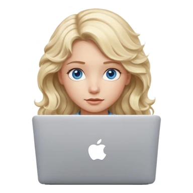 blond girl, blue eyes, hair wavy, , behind her silver colored laptop from apple, she looks straight infront of her, looks a bit taller sticker