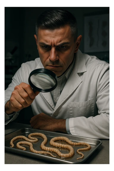 A middle-aged male kinesiologist wearing a pristine white lab coat, intensely analyzing long, beige tapeworms (like Taenia) under a magnifying glass. His expression is focused and slightly concerned, with dramatic studio lighting casting sharp shadows. The parasites are highly detailed, moist, and textured, stretched across a sterile metal tray. The background is blurred but suggests a clinical environment—hints of a microscope, medical charts, and clean lab equipment. The style is hyper-realistic, with a cinematic contrast between the bright white coat and the grotesque, organic forms of the parasites. No sci-fi elements, just raw medical realism with a disturbing edge sticker