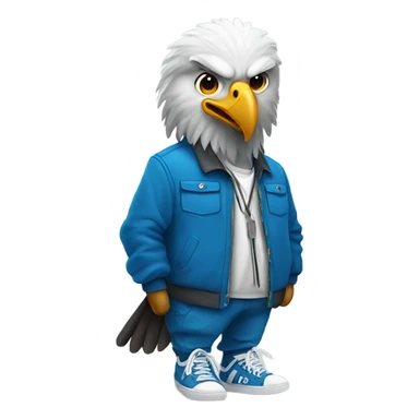 An eagle wearing a blue jacket with sneakers sticker