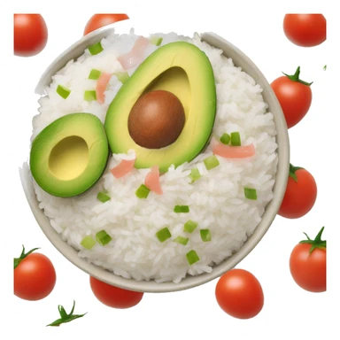 a big bowl with white rice, tomatoes, green sliced paprika, sliced avocado and pink joghurt sticker