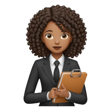 black woman in a suit holding a clipboard with curly hair sticker