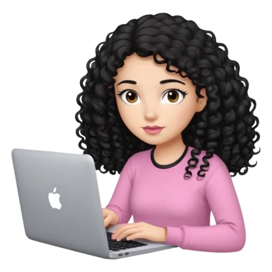 a girl typing mac book with long black curly hair and brown eyes with black eyeliner, pink shirt, social media manager sticker