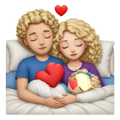 cuddling in bed, asleep. wavy haired blonde girl. man with curly,  dark brown hair. eyes closed. heart between them. no headboard sticker