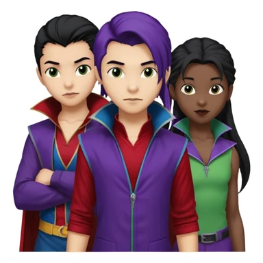 Solo poly platonic relationship, one African girl, one Asian boy, one biracial features Asian tomboy girl rat-tail hair long and upper masculine hair 90s, vampire and marvel cosplay elements inspired  use marvel race, like instead of obvious human, green purple blue etc,  sticker