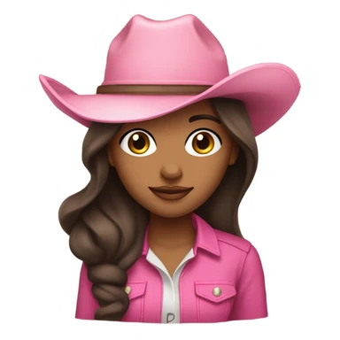 Light Brown girl with very long dark brown hair wearing a pink cowgirl hat sticker