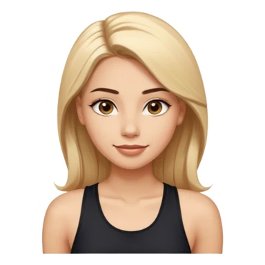 confident fit young woman with long straight shiny blonde hair center part light skin large almond brown eyes defined brows winged eyeliner full nude lips warm smile wearing sleeveless black athletic top smooth polished cartoon-like sticker