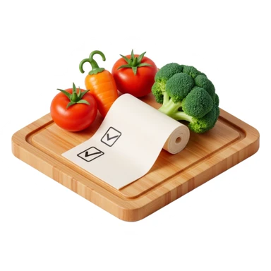 carrot tomato brocoli on the wooden cutting board with floating rolled paper list with checkbox sticker