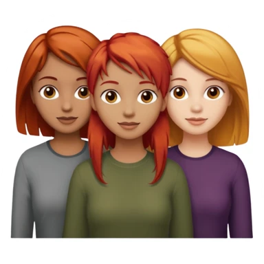 Can you create an image of 3 friends together one with red bright hair light skin one the other with brown hair with some blonde highlights in the hair fair skin the last one with light brown a tint of orange hair and dark brown hair sticker