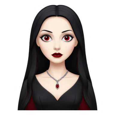Create a realistic portrait of Morticia Addams with long black hair, elegant black dress & sharp gaze. sticker