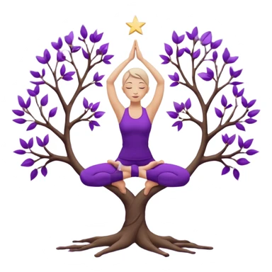 A serene woman wearing purple yoga clothes balancing in tree pose, stars around her, meditative aura. sticker