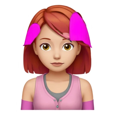 Создай эмодзи девушки с рыжими волосами и стрижкой химэ-кат, серыми глазами. На ней розовая майка и коричневая кофта sticker