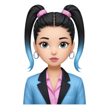 generate a pretty bratz girl wearing a light blue full sleeve shirt, silver small hoops, pink lipgloss, black blazer, hair tied up in a ponytail (black hair) sticker