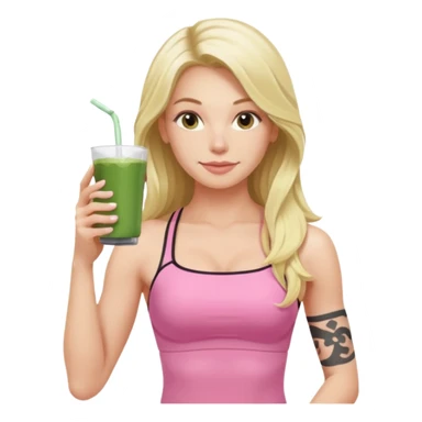 long haired blonde pilates instructor in pink drinking matcha in cute set with no straps and tattooed sticker