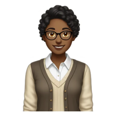 smiling dark skin indian teenage girl with black curly hair and glasses wearing a collared long sleeve white shirt under a beige v shaped collar sweatervest with no buttons sticker