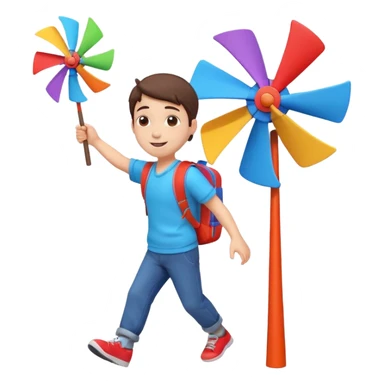 cute boy carrying a toy windmill backpack, colorful windmill spinning on the back, happy expression, casual outfit, 3D cartoon, mobile game icon style, clean background, no text, no watermark
 sticker