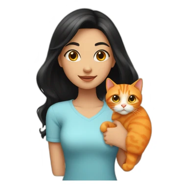 Girl with black hair parted in the middle is holding an orange cat sticker