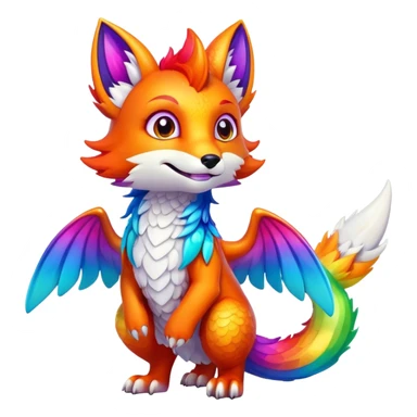 Cartoon Fox dragon hybrid with wings face front full body rainbow colored sticker