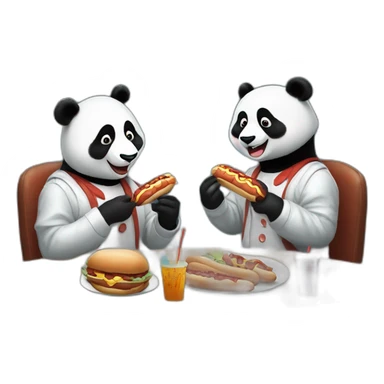The assistant professor and a panda in clown makeup are sitting and eating hotdogs with shrimp sticker