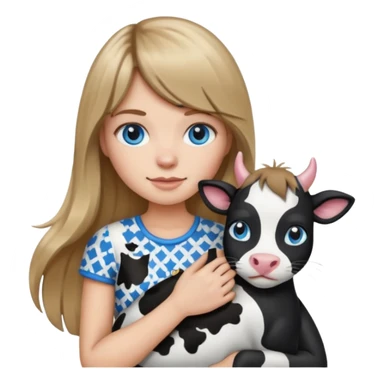 Apple-style emoji sticker of a young woman with long dark blond hair and bang, blue eyes , holding a cat black and white like a cow patch on her chest.  sticker