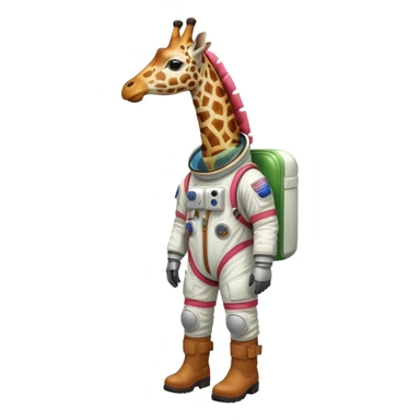 watermelon body with only the head of a giraffe poking out, wearing brown boots and an astronaut helmet sticker