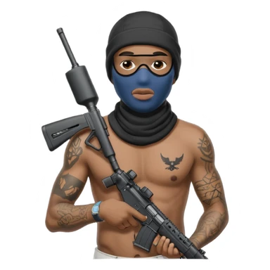 Ebony Crip gang member with no shirt an ski mask with tattoos all over holding AR 15 sticker