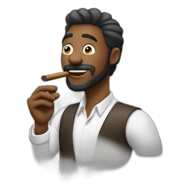 Hombre de pelo largo programando con un cigarro en la mano derecha y en la mano izquierda un cafe, pelo negro blanco  sticker