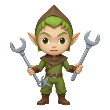 short green goblin, hold a wrench, brown cloth, cute chibi full body sticker