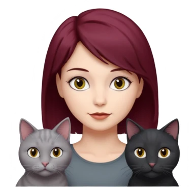 femme au cheveux court bordeau, yeux gris,  avec chat poils longs gris clair et chat poils ras noirs sticker