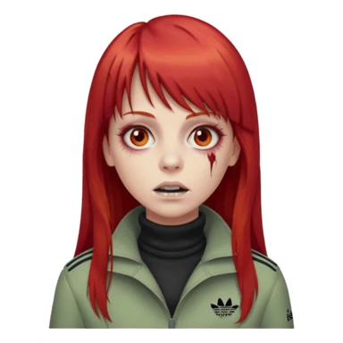 Crie um emoji de uma menina zumbi  com o cabelo vermelho longo com uma franja reta casaco de gola alta da adidas sticker