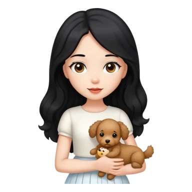 A beautiful girl with long straight black hair wearing a white skirt holding a small brown curly teddy dog sticker