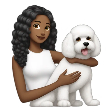 mujer pelo negro largo y perro bichon blanco sticker