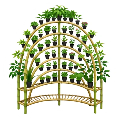 Very Large alien-futuristic multi-tier multi-level curved plant rack, which holds thirty-five plants, constructed from 7/8ths of an inch thin vining bamboo poles  sticker