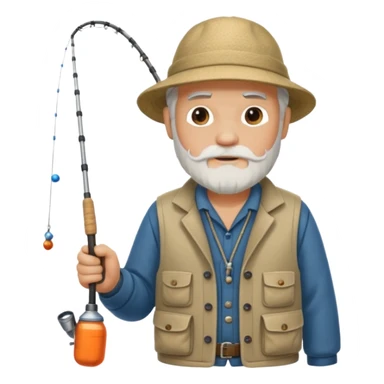 an old white haired, bearded man in fisherman attire, sat in a big boat on the ocean, holding one fishing rod in one hand, with the end of the fishing line touching the water sticker