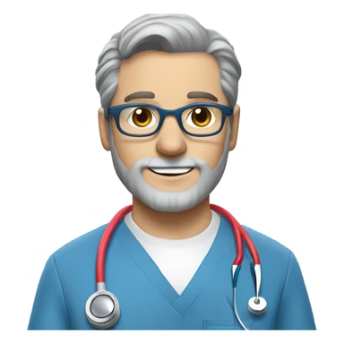 male dark blond haired doctor with grey van dyke beard with hazel eyes and small wire-rimmed glasses in blue scrubs holding a large paintbrush sticker