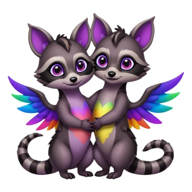 2 black female raccoon dragon hybrids with rainbow colored wings and purple eyes hugging sticker