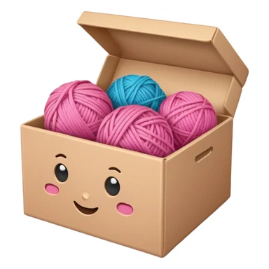 paper box with toys, ball of yarn, pink sticker