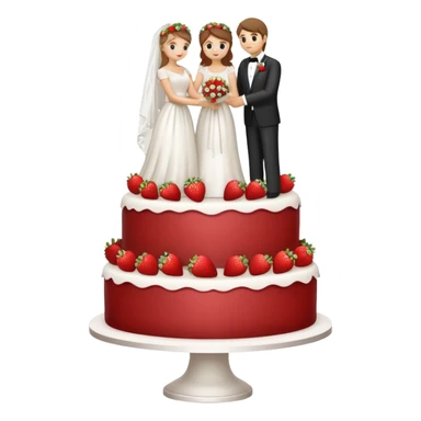 white wedding cake with strawberries, elegant floral decorations, bride and groom cake topper sticker