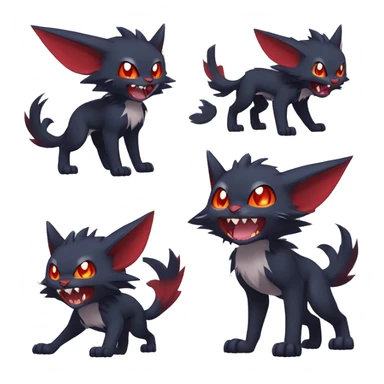   cool cute fantasy anime-style dark animal vampiric Litten-Zoroark-Nargacuga-cat-hybrid Fakemon with big fangs and bat-ears full body sticker