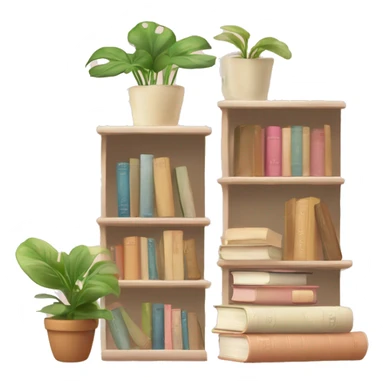 A cute book shelf with a potted pothos plant, and some cute others plants and a pile of books that are beige, cream and baby pink sticker
