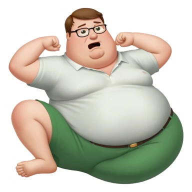 Peter Griffin from Family Guy with a very large pregnant belly, laying down on his back, sweating profusely, wearing green pants and white shirt sticker