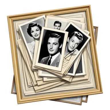 Icon for Autograph Collecting: several vintage framed with signatures of famous celebrities sheets stacked one on top of the other, each . The icon should evoke the charm and history of collecting autographs. Transparent background. sticker