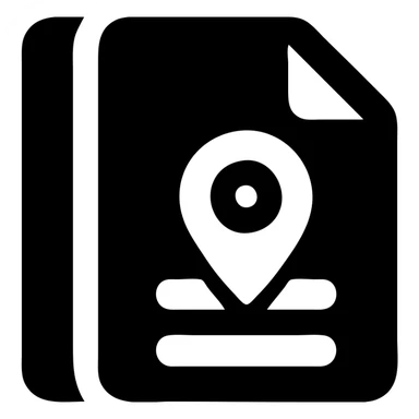 Solid filled icon style with black color and transparent background. Minimalist silhouette of a list sheet with rounded corners and solid fill. Add a geolocation pin icon overlay on the sheet. sticker