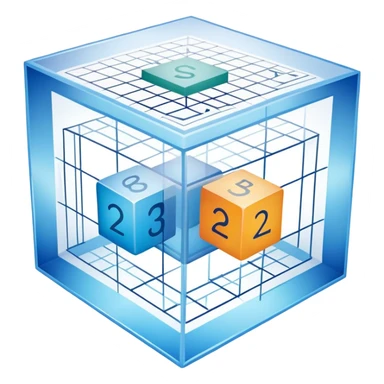 An icon featuring a transparent cube with geometric sections and mathematical calculations, symbolizing the study of mathematics. The design includes algebraic formulas, graphs, and mathematical symbols, representing advanced mathematical concepts and problem-solving. Transparent background sticker