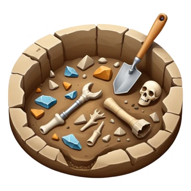 An icon featuring an excavation site with a trowel and ancient artifacts, like pottery and bones, scattered around. The design includes a partially uncovered fossil and a digging brush, symbolizing the discovery of history through archaeology. Transparent background  sticker