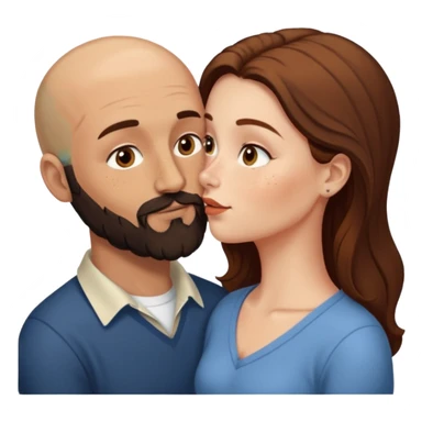Couple. Bald man with dark brown-black beard. White woman with many small, faded freckles, she has white skin and she has auburn-brown-cinnamon, dark long hair. She has light brown eyes. The man have hazel eyes. Retro style. They kiss. sticker