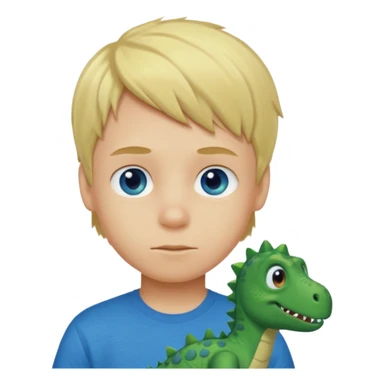 A blond boy with blue eyes wearing a green dinosaur T-shirt sticker