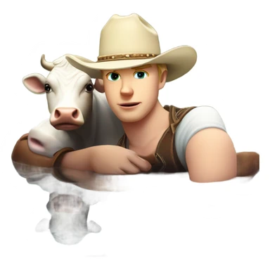 White boy withba cowboy had laying his head on top of a cow in a beautiful pond with sunset  sticker