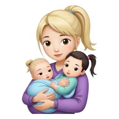 Ponytail chinese girl hugs a newborn baby and a girl sticker