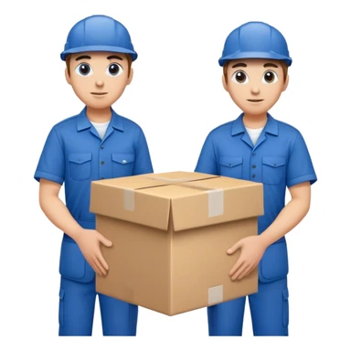 two workers in blue work uniforms and caps carrying a large box, alternate expression sticker