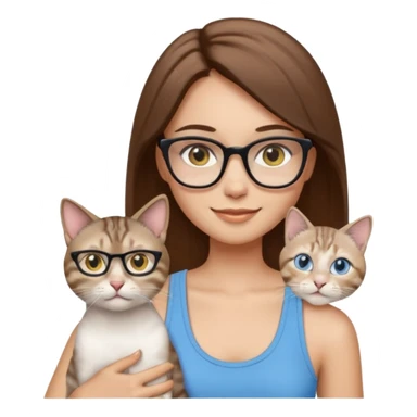 iOS-style emoji of a light-skinned girl with straight medium brown hair, black glasses and a white tank top, holding two cats: one white with yellow eyes and one gray tabby Siamese with blue eyes. sticker